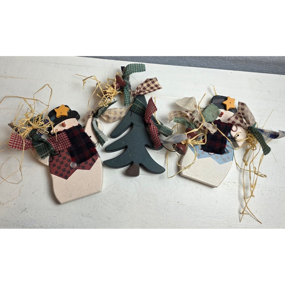 Vintage 90s Primitive Snowman‎ Winter Trees Garland Rag Tie Rustic Farmhouse